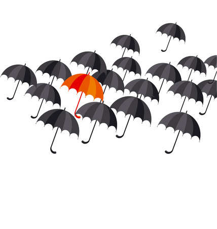 black classic umbrella icon. fall concept outstanding in the crowd. one orange umbrella among black. flat simple vector illustration.のイラスト素材