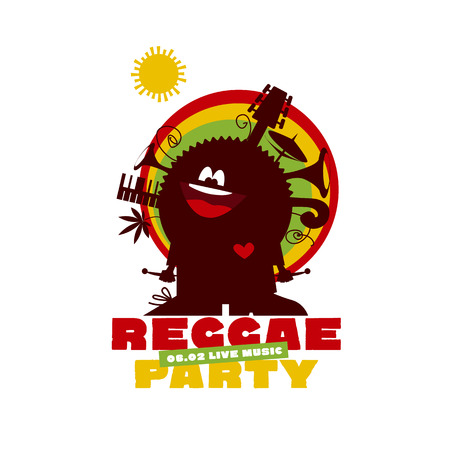 funny cartoon musician man with instruments and cannabis. classic color reggae music concept poster. Jamaica poster vector illustrationのイラスト素材