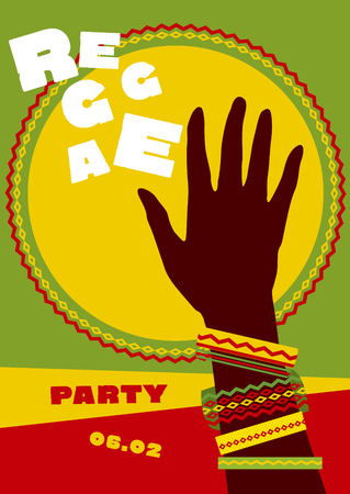 durum sun and tribal human hand with bracelets. reggae folk music background. Jamaica poster vector illustrationのイラスト素材