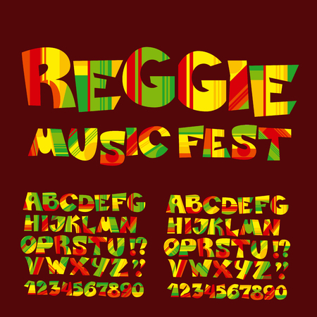 relax reggae music color font. Jamaica style ABC letters with stripes and patch vector illustrationのイラスト素材