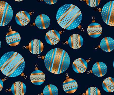 Blue and gold Christmas bauble decor stylized vector seamless pattern on black color. Xmas tree decoration balls with stripe, dots and snowflakes ornament illustrationのイラスト素材