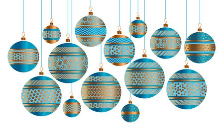 Blue and gold Christmas bauble decor stylized vector illustration. Xmas tree decoration balls with stripe, dots and snowflakes ornamentのイラスト素材
