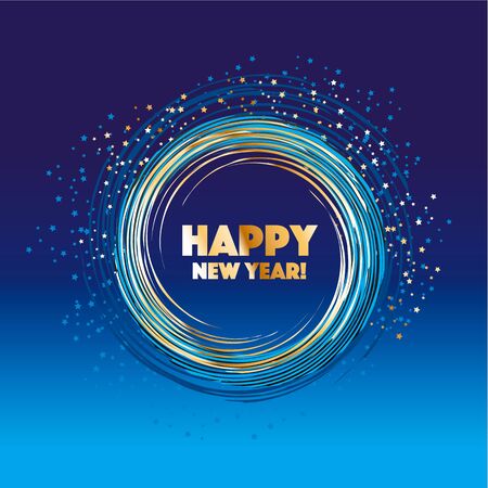 sparkling circle vector illustration. new year abstract background for card, header, poster, invitation. gold star on blue night colorのイラスト素材