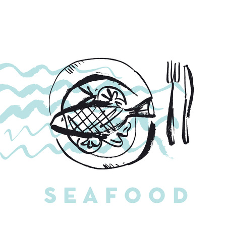 Seafood fish and wave abstract hand drawn design elements for menu, poster, invitation.のイラスト素材