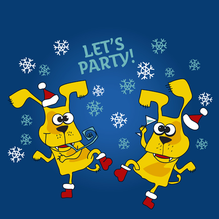 Cool yellow dog mascot cartoon. Funny winter xmas dancing animal in Santa hat. Christmas and Chinese New year party Vector illustrationのイラスト素材