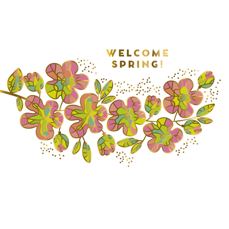 Abstract sakura blossom vector illustration. Floral pattern in luxury mosaic jewelry style with gold and pastel colors. Spring flowers decorative branch for surface design.のイラスト素材