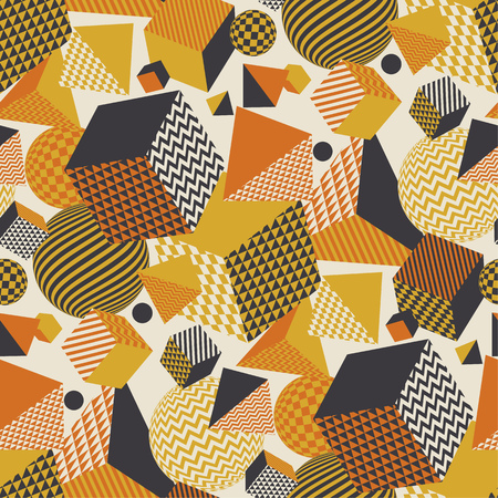 Geometric seamless pattern vector illustration in retro 60s style. Vintage 1970s geometry shapes graphic abstract repeatable motif for carpet, wrapping paper, fabric, background. のイラスト素材