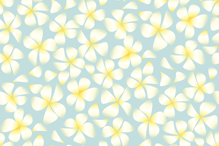Tropical exotic plumeria flowers in simple elegant style on pale blue background. Abstract decorative frangipani floral vector illustration. Seamless pattern. Repitable motifのイラスト素材