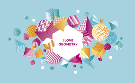 Concept color 3d geometric composition vector illustration. Geometry shapes design elements flying scattered.のイラスト素材