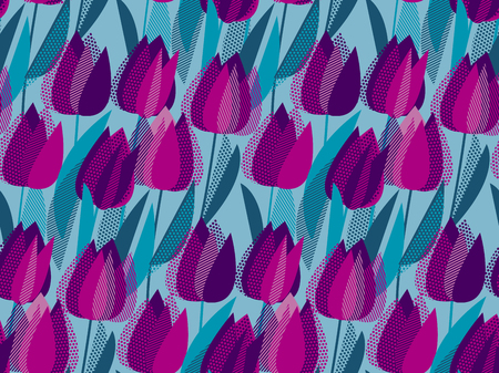 Elegant seamless pattern with geometric decorative red tulip flowers, design elements. Abstract modern vivid violetcolor floral motif for surface design.のイラスト素材