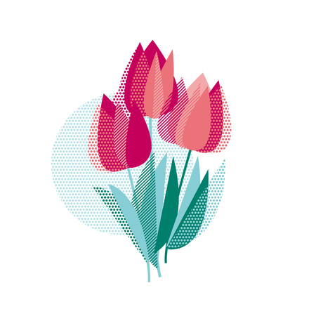 Abstract modern vivid floral motif for surface design. Cool spring pattern with geometric decorative pink tulip flowers, design elements.のイラスト素材