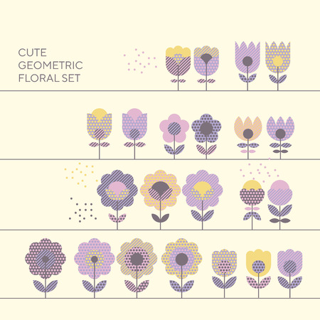 Cute decorative flower design elements set for card, poster, web and print surface design. Tender color floral abstract motif in retro style with geometric texture.のイラスト素材