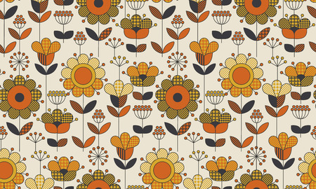 Simple geometric floral seamless pattern. Retro 60s sunflowers motif in fall orange and yellow colors. Decorative flower vector illustration.のイラスト素材