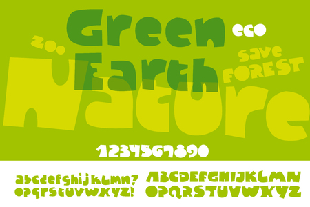 Natural eco style green text for print and web. Alphabet set in cute kid style. Extra fat letters for funny lettering.のイラスト素材