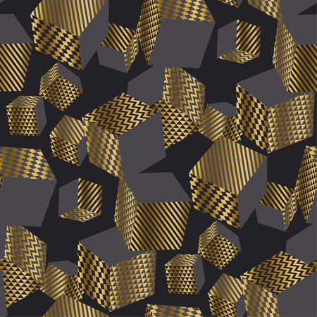 Dold and black 3d geometric cubes seamless pattern. Volume illusion geometry shapes repeatable motif.のイラスト素材