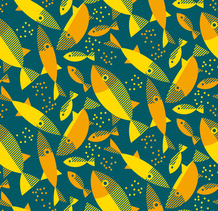 gold fish seamless pattern in retro color. cute seafood concept geometric motif for background, fabric, wrapping paper, poster, menu cover.のイラスト素材