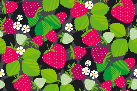 Simple strawberry seamless pattern. Red garden berries in rustic style. repeatable motif in red and violet colors for background, wrapping paper, fabric, surface design.のイラスト素材