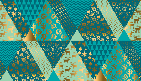 Luxury xmas patchwork seamless pattern for background, wrapping paper, fabric, surface design. Naive Christmas repeatable motif in red and blue colors. stock vector illustrationのイラスト素材