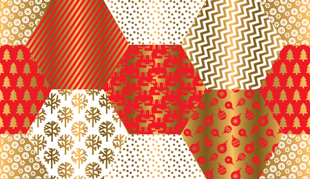 Xmas luxury winter symbols seamless pattern in patchwork style. for background, wrapping paper, fabric, surface design. Endless gold and red Christmas repeatable motif for surface designのイラスト素材