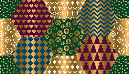 Elegant luxury xmas seamless pattern in geometric style. for background, wrapping paper, fabric, surface design. Endless gold and red Christmas repeatable motif for surface designのイラスト素材
