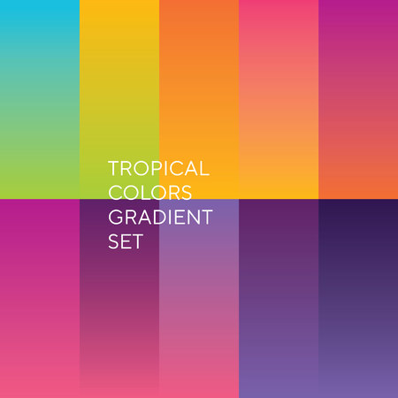 Tropical colors gradient set for print and web design projects. Violet, orange, purple, blue, pink and yellow backgrounds. Exotic sunset colors palette.のイラスト素材