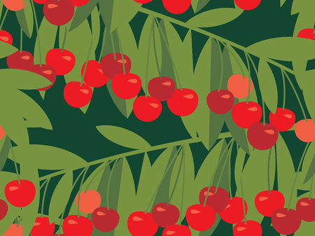 Rape cherry fruit  seamless pattern. Natural fruit tree branches repeatable motif in red and green colorsのイラスト素材