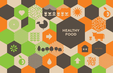 Natural eco food icons in grid system for background, packing, header. Stock vector illustrationのイラスト素材