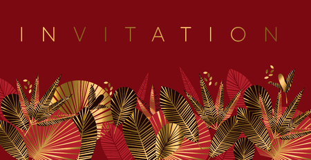 Gold and red geometric tropical pattern or card, invitation, header. Golden romantic simple flowers motif. Bright rich design element inspired by Chinese fabric.のイラスト素材