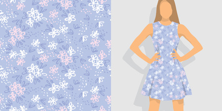 Naive sketch simple meadow flowers seamless pattern. Laconic floral repeat motif for background, wrapping paper, fabric, surface designのイラスト素材