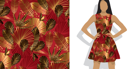 Gold and red geometric tropical seamless pattern for background, wrapping paper, fabric, surface design. Luxury. Bright rich repeat motif inspired by Chinese fabric.のイラスト素材