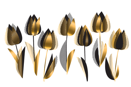 Decorative black and gold tulip flowers illustration on white backdrop. Elegant floral element for header, card, invitation, poster, cover and other web and print design projectsのイラスト素材