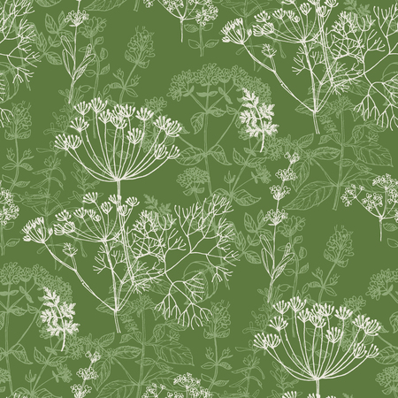 Elegant classic herbal seamless pattern for background, wrapping paper, fabric, surface design. French grass for cooking in repeatable motif.のイラスト素材