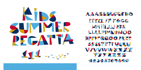 Marine style fun childish ABC set for summer projects. Alphabet and numerals design elements for header, card, invitation, poster, cover.のイラスト素材