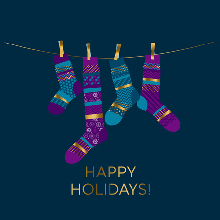 Christmas postcard. Violet and blue xmas socks vector design element for header, card, invitation, poster, cover and other web and print design projectsのイラスト素材