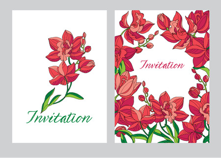 Sketch style line-art pink orchid flowers design element for header, card, invitation, poster, cover. Decorative tropical floral stock vector illustrationのイラスト素材