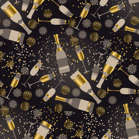 Elegant gold and black champagne and snowflakes seamless pattern for background, wrapping paper, fabric, surface design. Decorative sparkling xmas repeatable motifのイラスト素材