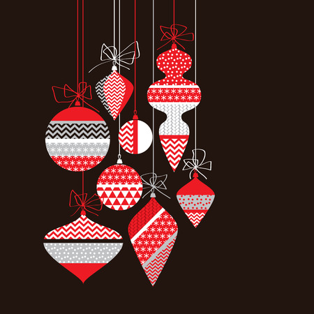 Red and black bauble xmas retro design element. Christmas vintage decorations illustration for postcard, invitation, poster, banner, headerのイラスト素材