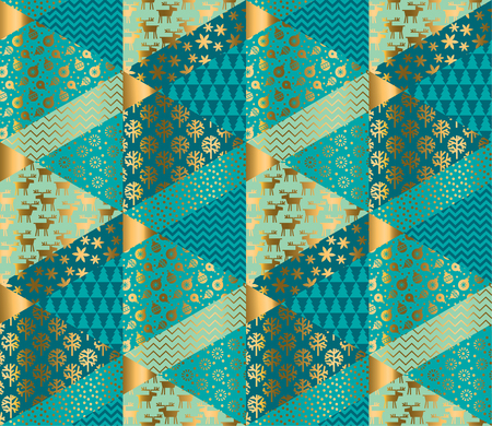 Decorative patchwork style mosaic Christmas seamless pattern for background, wrapping paper, fabric, surface design. Geometric textured decorative repeatable motifのイラスト素材
