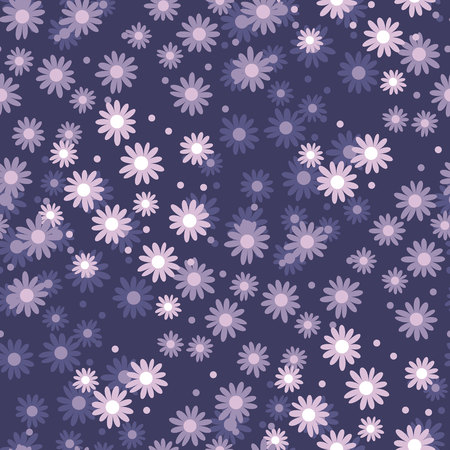 Floral seamless color pattern. Blooming flowers vintage texture. Violet blossoming chamomiles. Purple soft background. Decorative natural textile, wallpaper, wrapping paper vector fillのイラスト素材