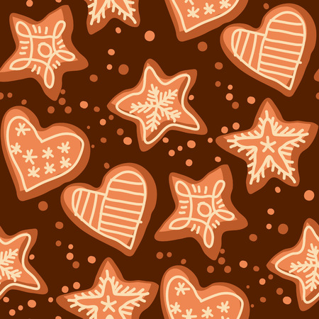 Christmas hand drawn seamless pattern. Doodle texture with Xmas gingerbread cookies, biscuits. Winter holiday color background fill with hearts and stars. New Year wrapping paper sketch illustrationのイラスト素材