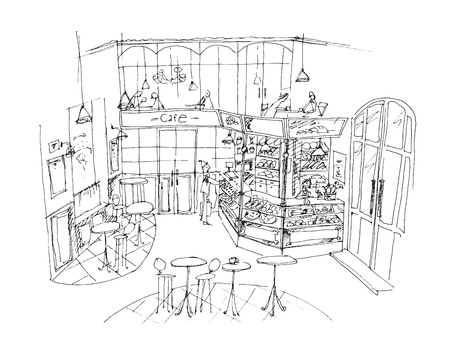 Food court hand drawn linear illustration. Indoor cafe with furnishing black ink pen sketch. Bistro, cafeteria, eatery, bakery shop freehand contour drawing. Mall catering perspective outline vectorのイラスト素材