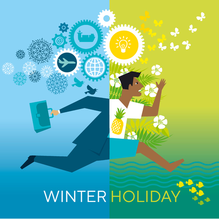 Running businessman flat vector color illustration. Winter holiday lettering. Office worker rushing through seasons cartoon character. Man with briefcase hurries up on vacation. Poster design templateのイラスト素材