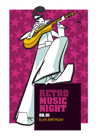 Retro music poster hand drawn vector template. Rock N Roll concert, festival banner with sketch character. Musical event invitation with text box. Disco party flyer, placard color designのイラスト素材