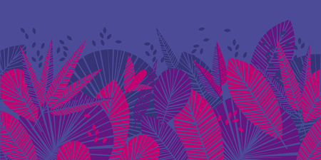 Tropical leaves color illustration. Banana, palm tree foliage texture. Exotic leafage with text space. Blue, violet, pink tropic plants silhouettes background. Decorative hawaiian vector banner designのイラスト素材