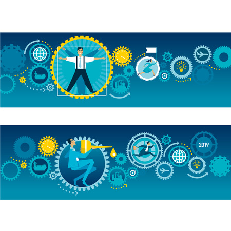 Business mechanism flat concept illustration. Teamwork. Working process organization. Business integration and cooperation. Businessmen characters with cogwheels. Banner, presentation cartoon designのイラスト素材