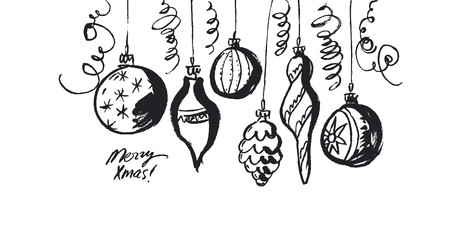 Merry Xmas hand drawn banner vector template. Grunge brushstroke monochrome hand written lettering. Freehand black Christmas baubles, balls isolated drawing. New Year poster, greeting card designのイラスト素材
