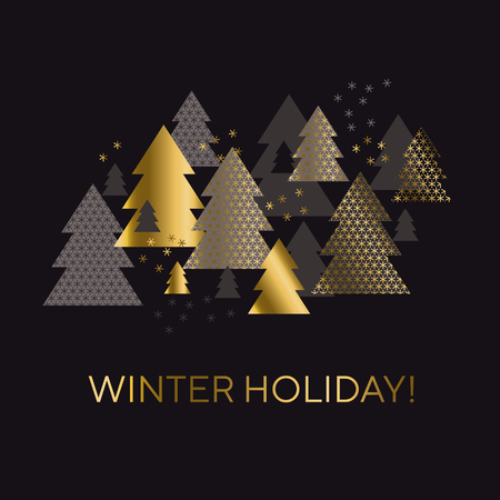 Luxury black and gold minimal geometric Christmas tree card template. Elegant simple motif for winter holiday project. Modern new year vector illustration. Xmas geometry abstract pattern.のイラスト素材