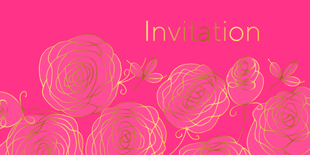 Floral invitation vector color template. Pink roses with golden gradient outline background with copyspace. Blooming flowers vintage illustration. Decorative horizontal greeting card, banner designのイラスト素材