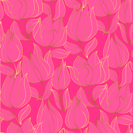Tulips color seamless vector pattern. Elegant fabric texture. Pink flowers with golden gradient outline background. Blooming illustration. Floral vintage textile, wallpaper, wrapping paper designのイラスト素材