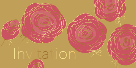 Floral color invitation vector template. Pink roses with golden gradient outline. Lettering on beige background. Blooming flowers vintage illustration. Decorative greeting card, poster designのイラスト素材